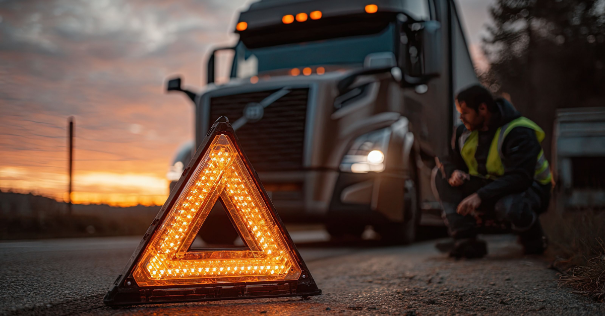 Glowing triangular warning sign on the road with a stopped truck and a worker in a reflective vest nearby at sunset