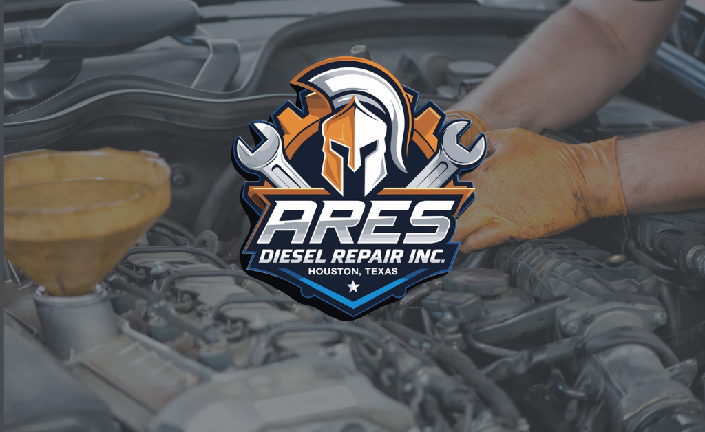 Brand logo for ARES Diesel Repair Inc. Houston, Texas, displayed over a mechanic's gloved hands working on an engine picture.